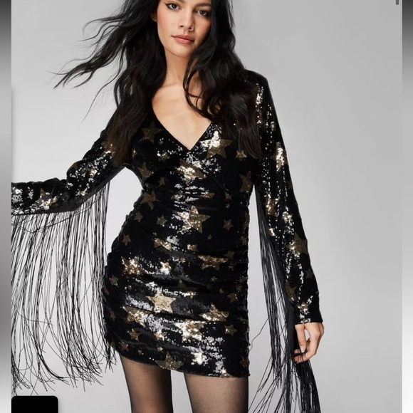Nasty Gal Sequin Fringe Dress Star Sequin Plunge Neck sparkle phish size 4 - Picture 6 of 16